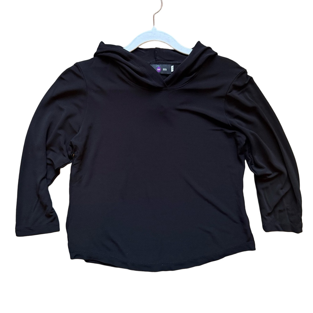Plum Black Hooded Tee Lightweight Sweatshirt Cropped 3/4 Sleeves S